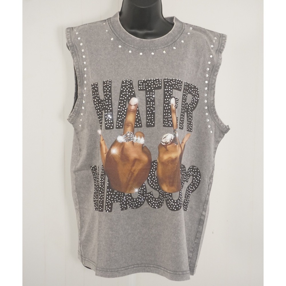 Double Crazy Small Gray Cotton Muscle Tee Rhinestone Graphic Tank Top